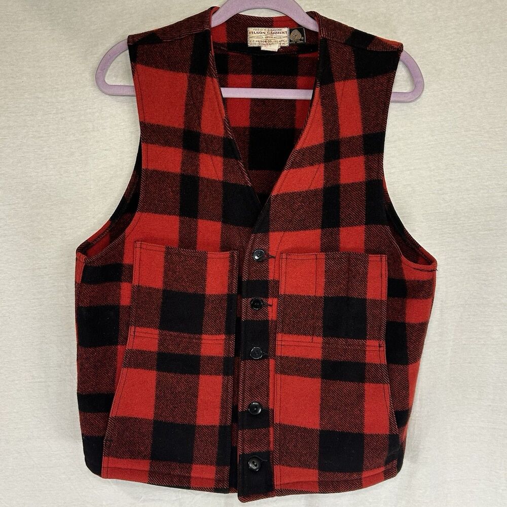 VTG Filson Mackinaw Buffalo Plaid Vest Mens Size M/L 42 Red Black Style 20 Wool